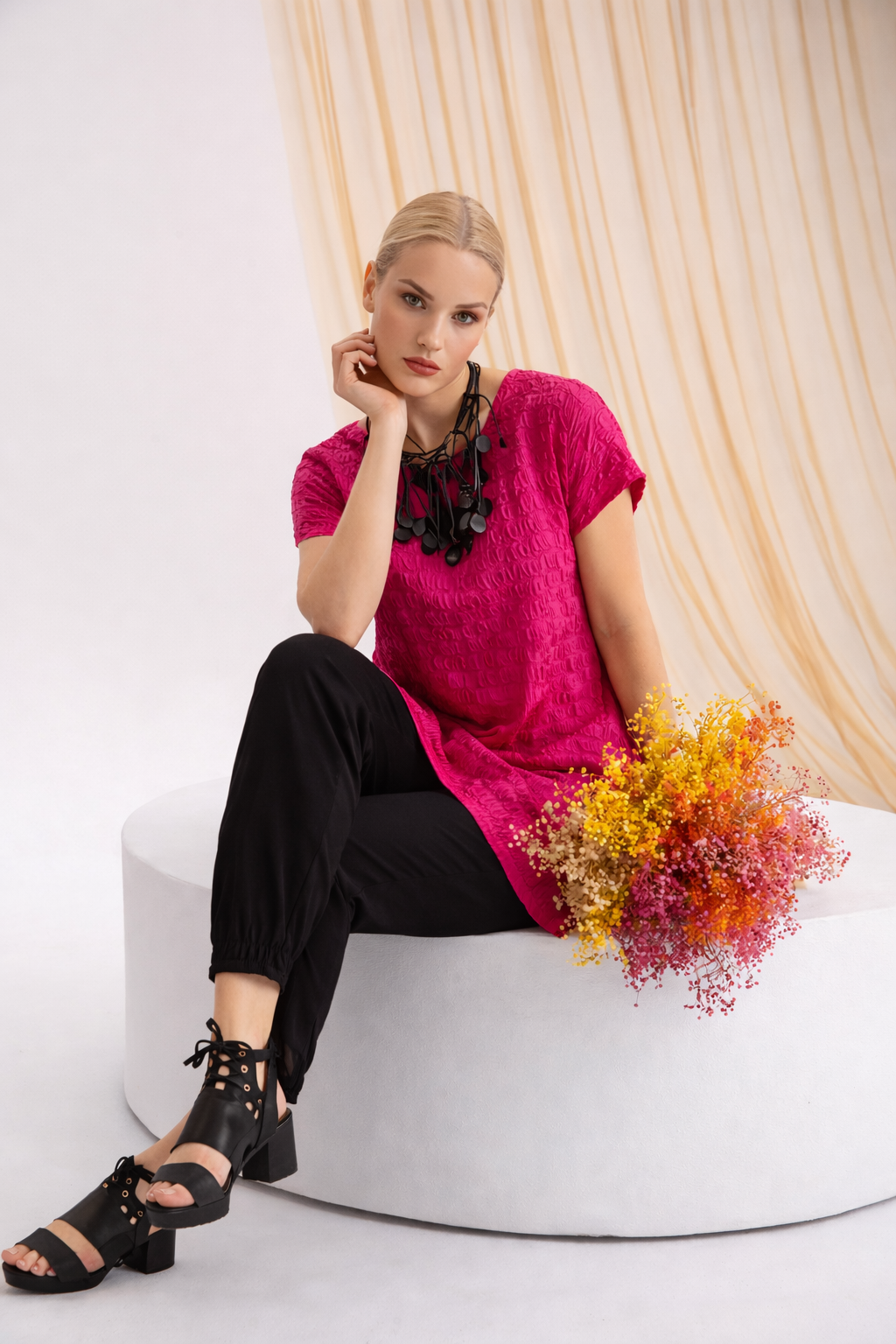 Kozan Simona Textured Shift Dress-Flamingo| Designer Dress