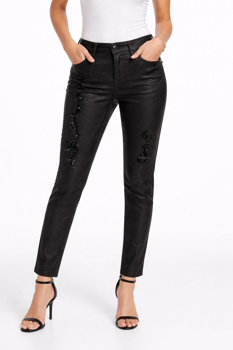Joseph Ribkoff Black Embellished Distressed Skinny Pants-204964