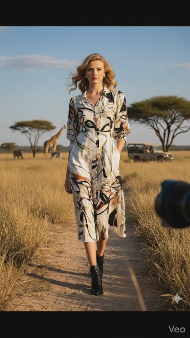 IC Collection Abstract Puff Sleeve Midi Dress-7436D