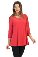 By JJ V-Neck Mesh Cutout Shoulder Top-IT-106