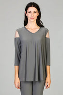 By JJ V-Neck Mesh Cutout Shoulder Top-IT-106
