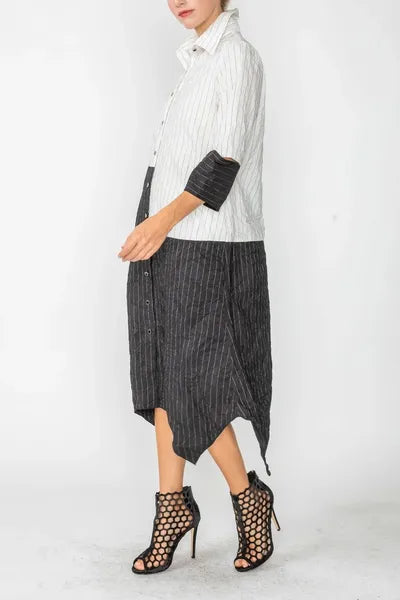 IC Collection Crinkle Color Block Shirt Dress IC-6016D | Pinstripe Midi IC Collection Crinkle Color Block Shirt Dress IC-6016D | Pinstripe Midi