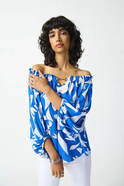 Joseph Ribkoff Georgette Abstract Print Off-the-Shoulder Top | Unique Apparel USA
