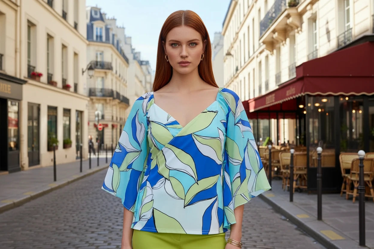 Joseph Ribkoff Vanilla/Multi Leaf Print Chiffon Butterfly Top | Unique Apparel USA