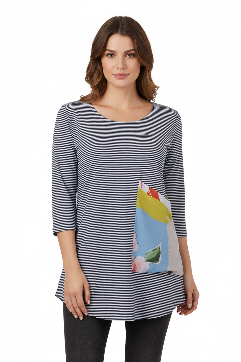 Alembika Striped Top With Printed Pocket-ST208, view 2