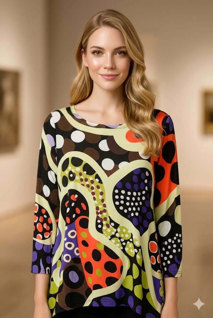 Kozan Mila Topper - Vibrant Abstract Dot Print Top | Unique Apparel USA