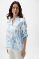 Joseph Ribkoff Stretch Cotton Geometric Print Straight Top With Puff Sleeves-262199