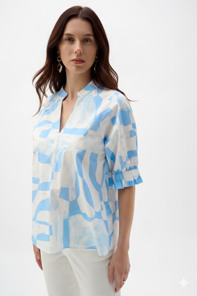 Joseph Ribkoff Stretch Cotton Geometric Print Straight Top With Puff Sleeves-262199