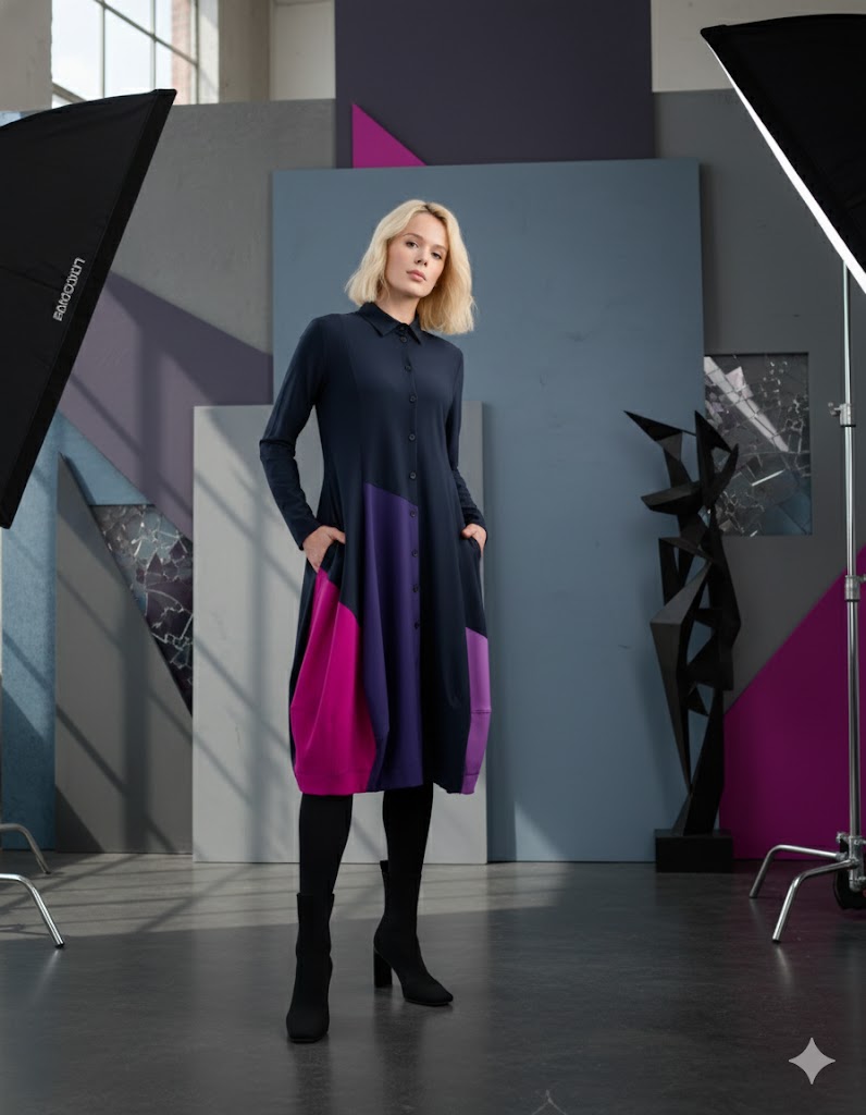 ALEMBIKA Tekbika Barb Colorblock Dress, Navy Mix-TD666M