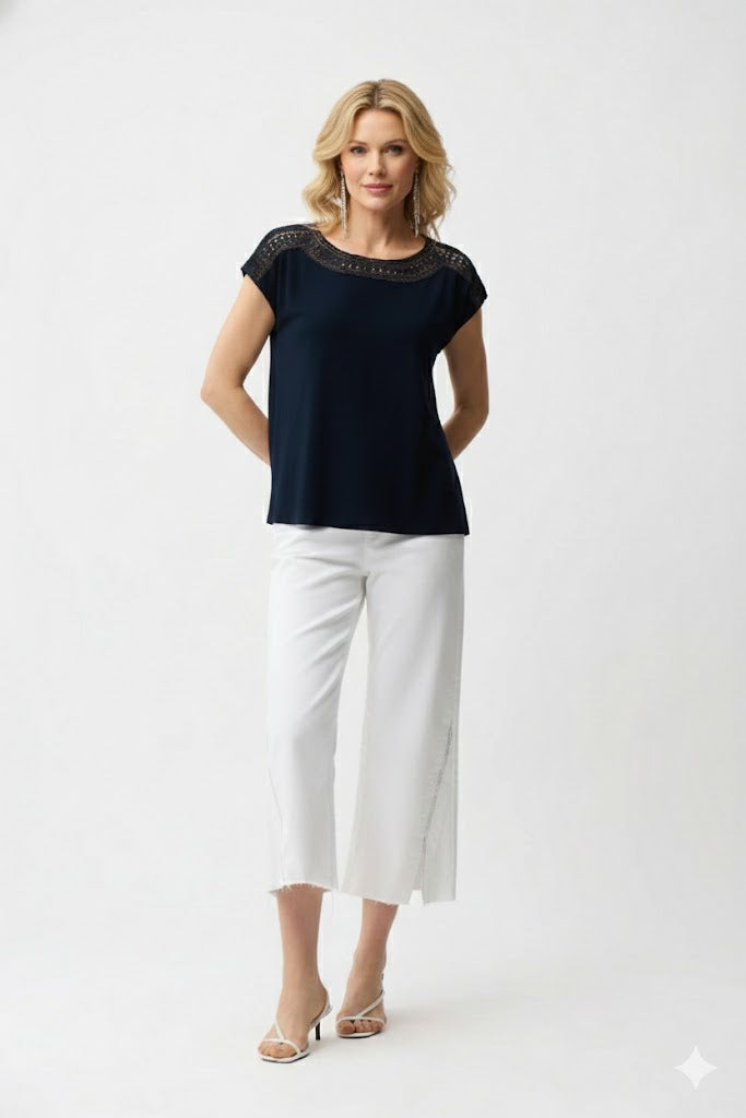 Joseph Ribkoff Silky Knit Straight Top with Guipure Lace Neckline - Style 261200