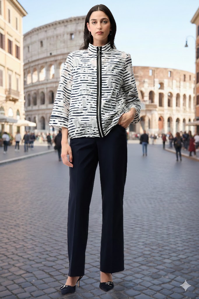 Joseph Ribkoff Jacquard Organza Stripe Bomber Jacket | Unique Apparel USA