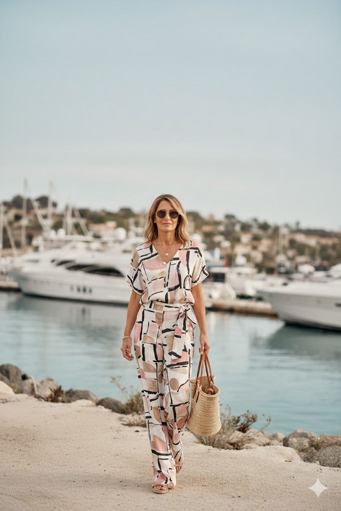 Joseph Ribkoff Recycled Satin Abstract Print Boxy Top With V-necklineline-261308