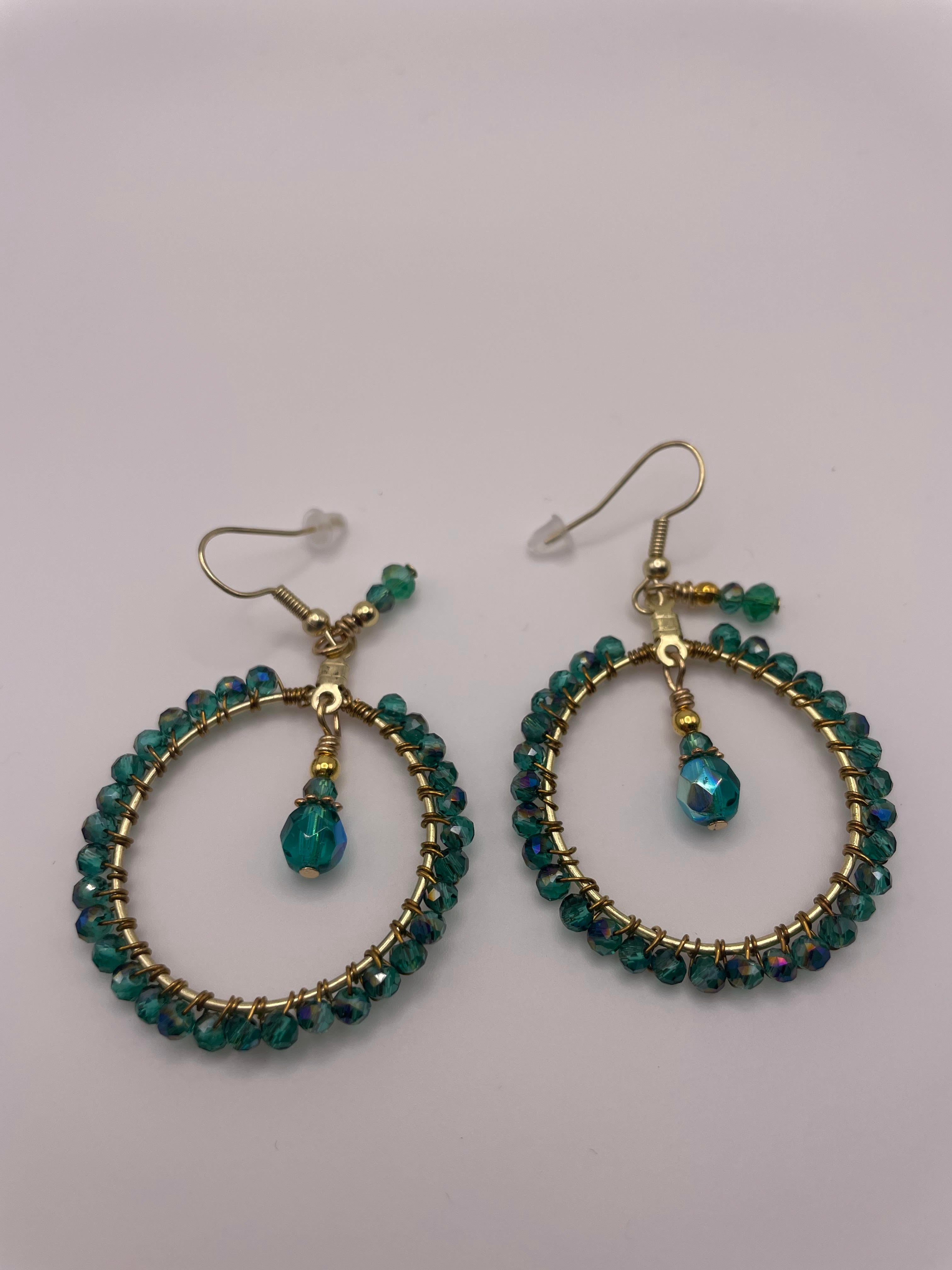Emerald Green Beaded Hoop Earrings-9835