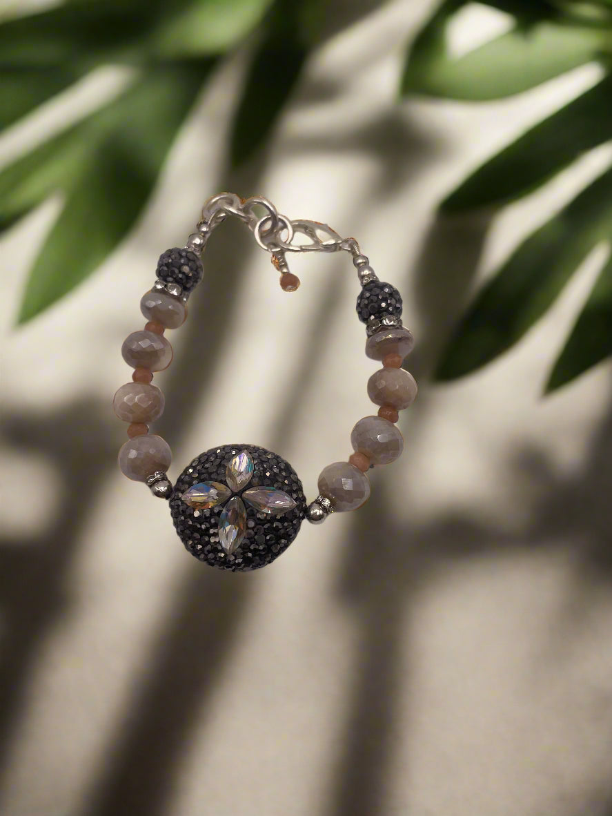 Crystal Flower Accent Bracelet with Faceted Gray Beads-2402