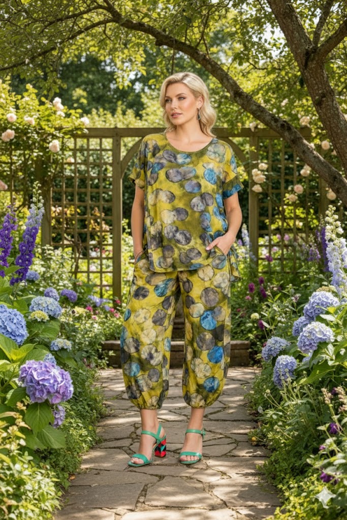 Alembika Sun Soaked Trapeze Top, Gold/Ocean Dots-ST833O