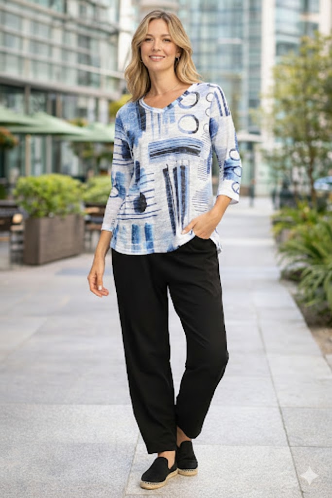 Jess & Jane Printed Burnout V-Neck Top-46-2207-ROXIE