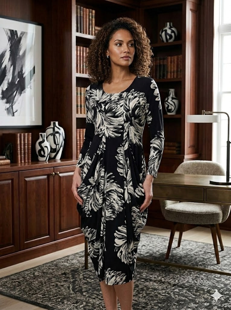 Alembika Elegant Black & Ivory Floral Dress-SD642B