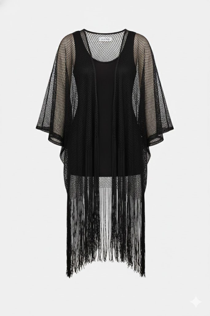 Joseph Ribkoff Woven Open Stitch Draped Cover-Up With Fringe-262973-B