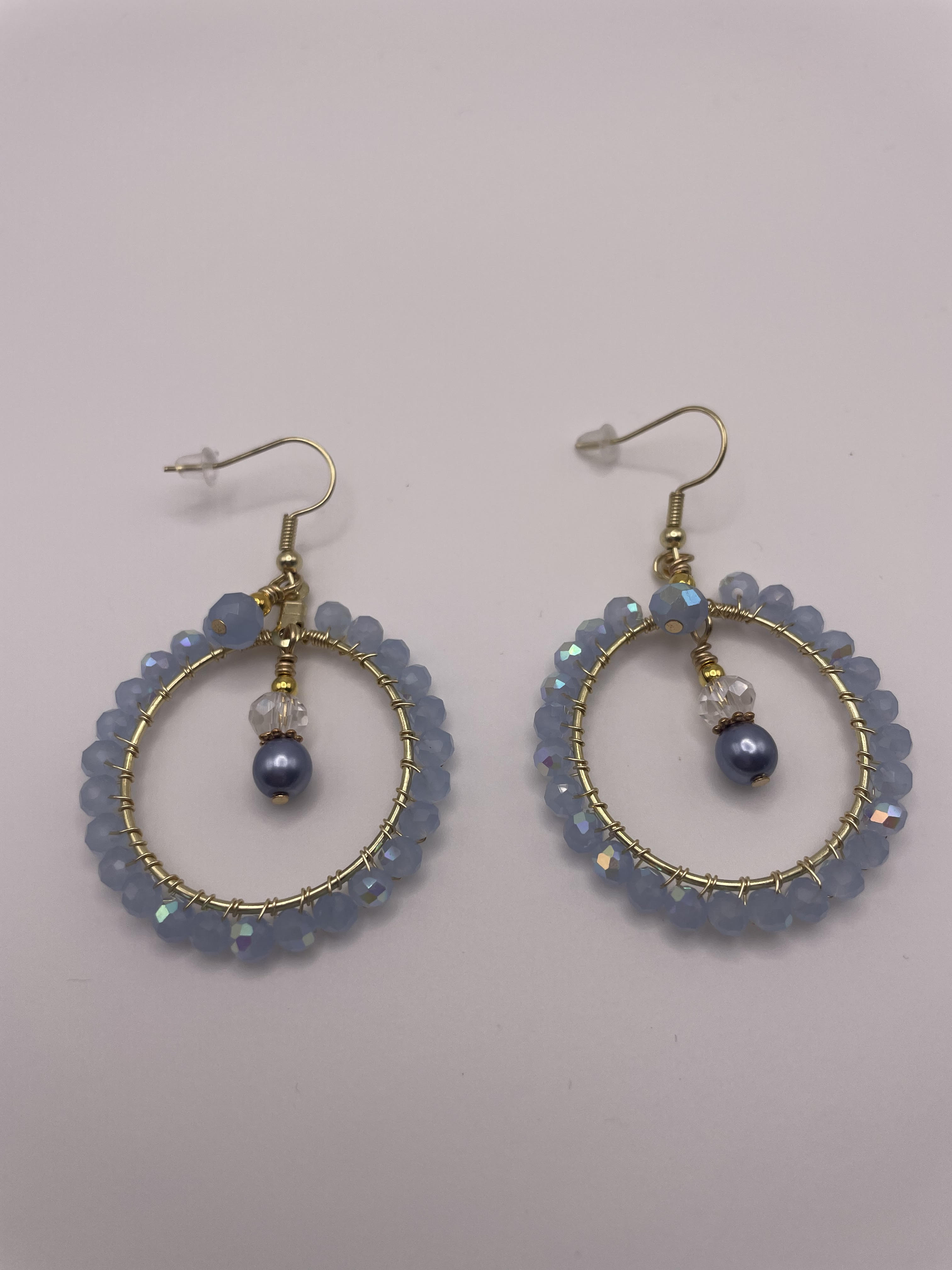 Blue Beaded Hoop Earrings with Pearl Drop-9825