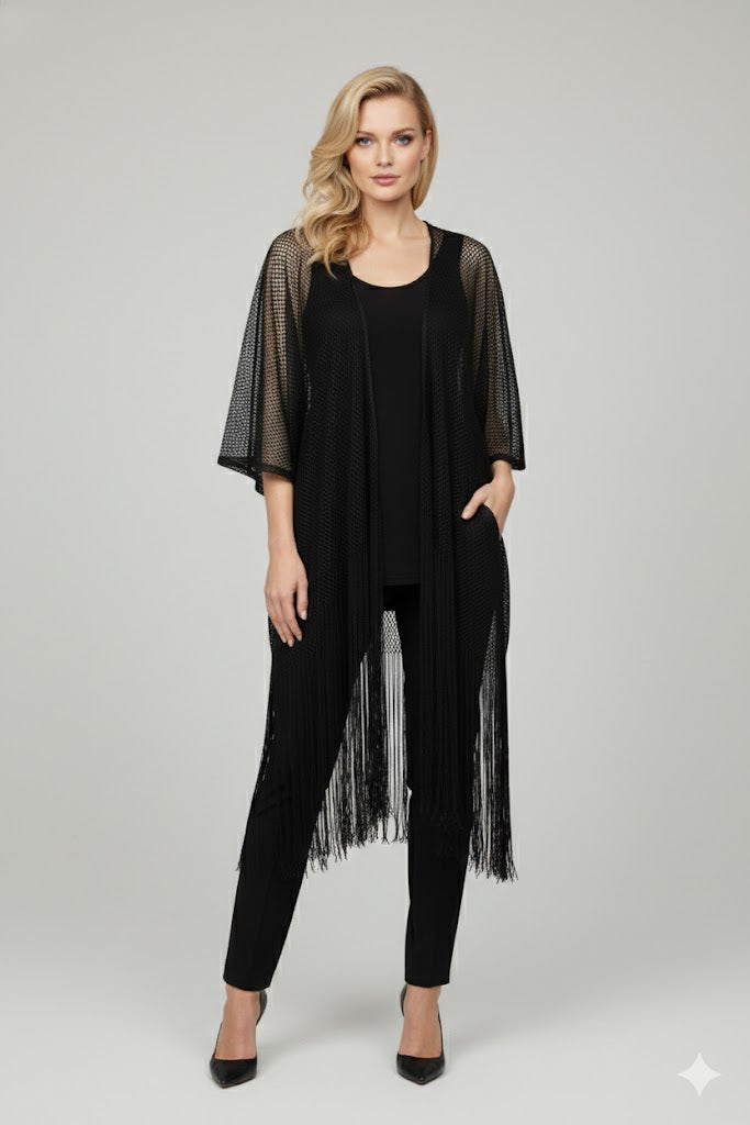 Joseph Ribkoff Woven Open Stitch Draped Cover-Up With Fringe-262973-B