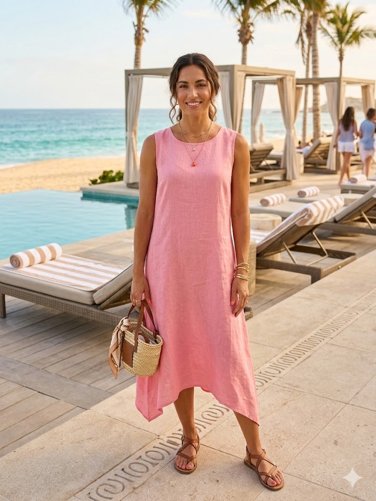 Sunset Breeze Coral Linen Dress-L-703-C